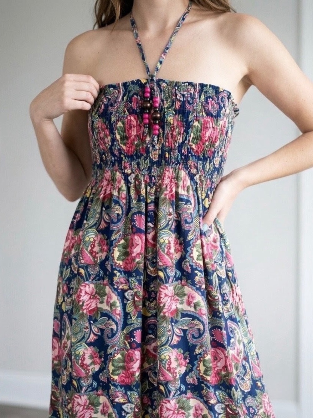 Vintage Y2K Paisley Floral Smocked Halter Tunic Dress Blue Size XL